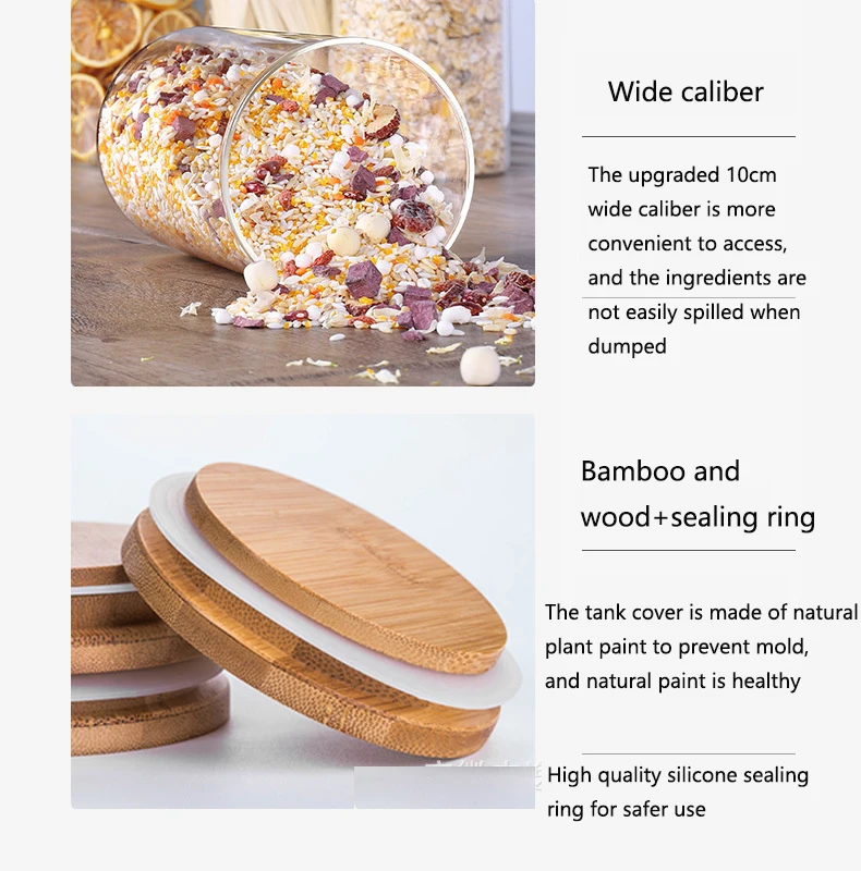 High borosilicate square glass sealed food cereal storage containers cans glass jar with bamboo lid