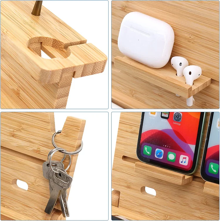 Wooden Nightstand Charging Station Bedside Table Organizer Foldable Cell Phone Stand Bamboo Docking Station for Men