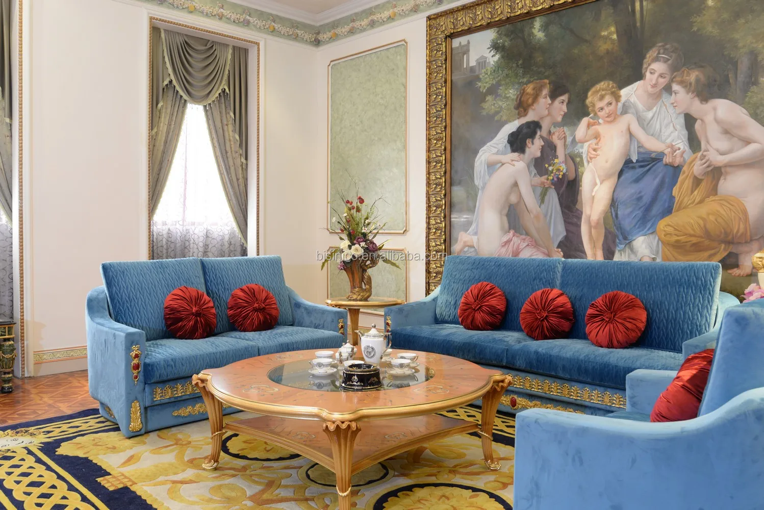 Роскошный набор диванов Louis Royal Blue из ткани итальянский секционный диван массива дерева Античная классическая мебель для дворца гостиной
