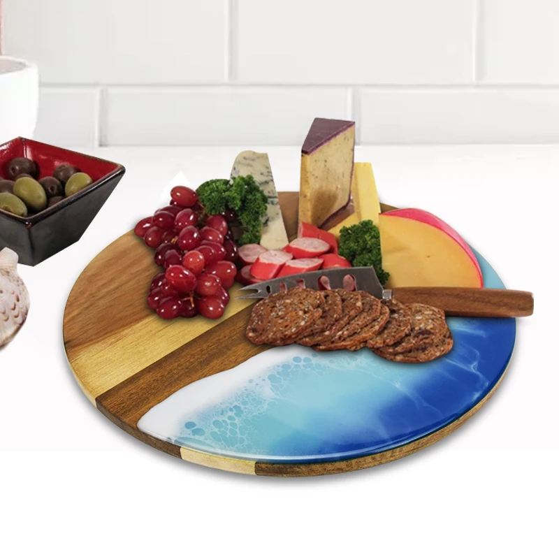 New hot wood pizza board acacia wood resin chopping board home solid wood resin splicing creative resin chopping board round