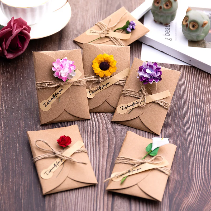Retro Kraft paper dried flowers greeting card creative DIY sunflower rose blessing festival gift business small card