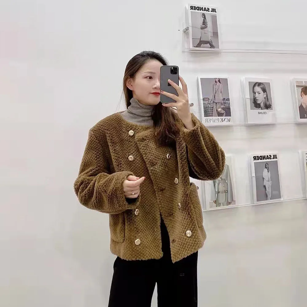 New fashion design customized winter brown crew-neck short style 100% wool fur coats jackets for women ladies