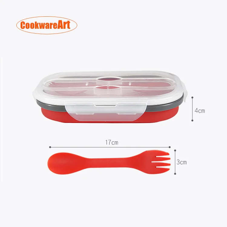New designed microwave safe food storaged box collapsible silicone food container with spoon fork silicone folding lunch box
