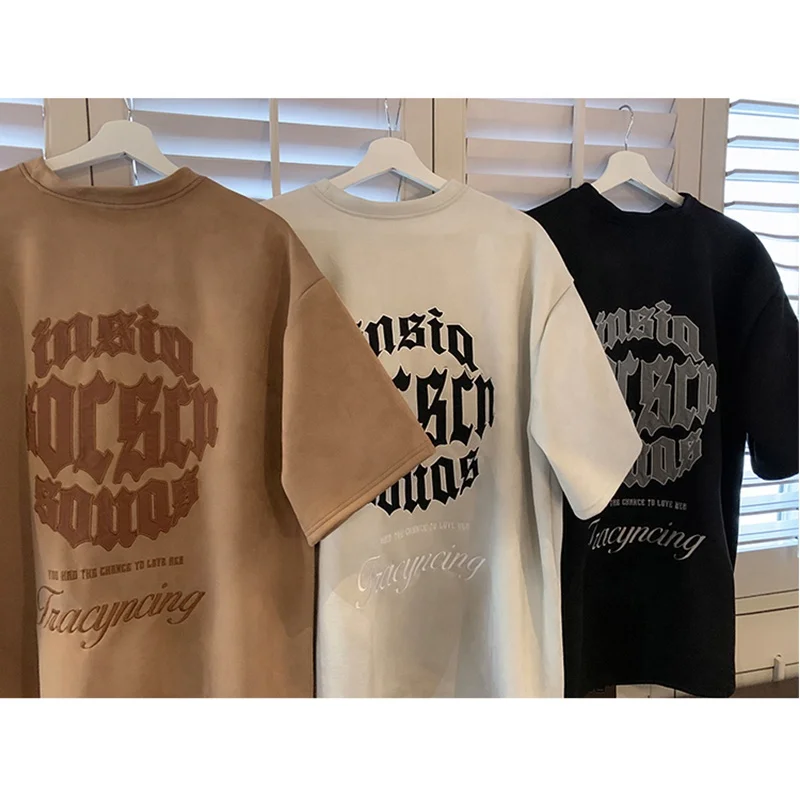 Custom logo vintage shortsleeved mens tee summer loose European American high street heavy embroidered suede halfsleeve tshirt
