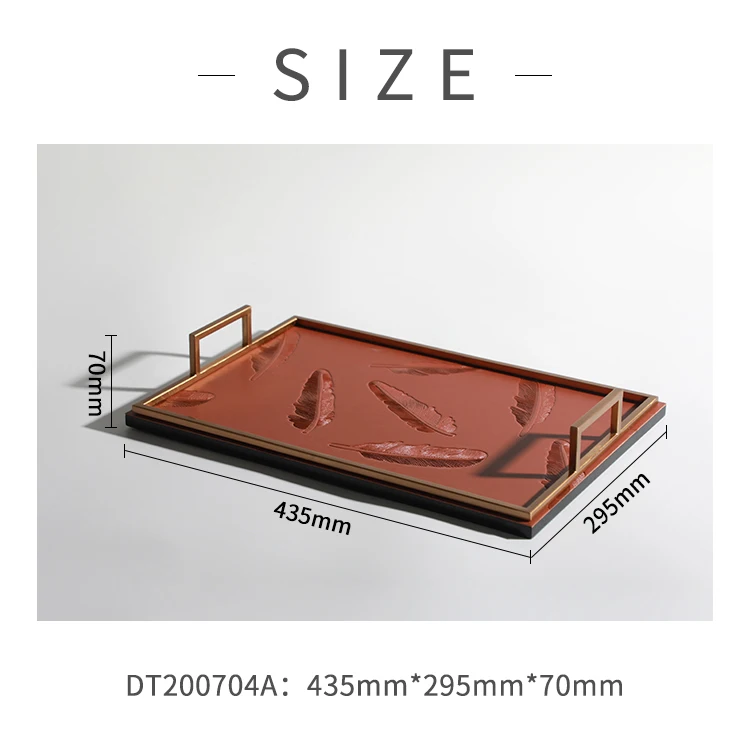 hot-sell modern hotel feather pattern decoration rectangular luxury leather tray with gold handle