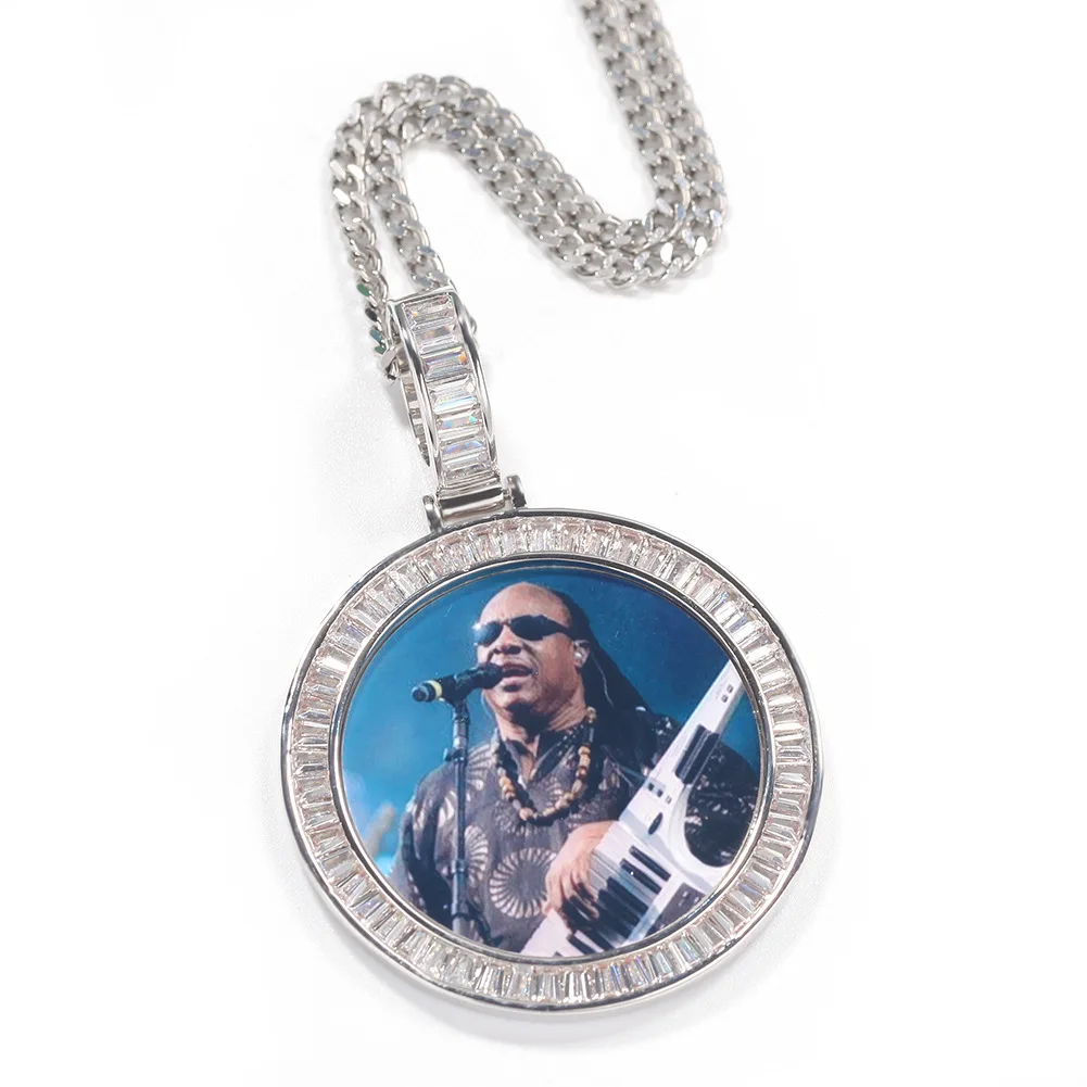 custom jewelry metal brass diy diamond round circle iced out baguette cz picture frame photo pendant necklace
