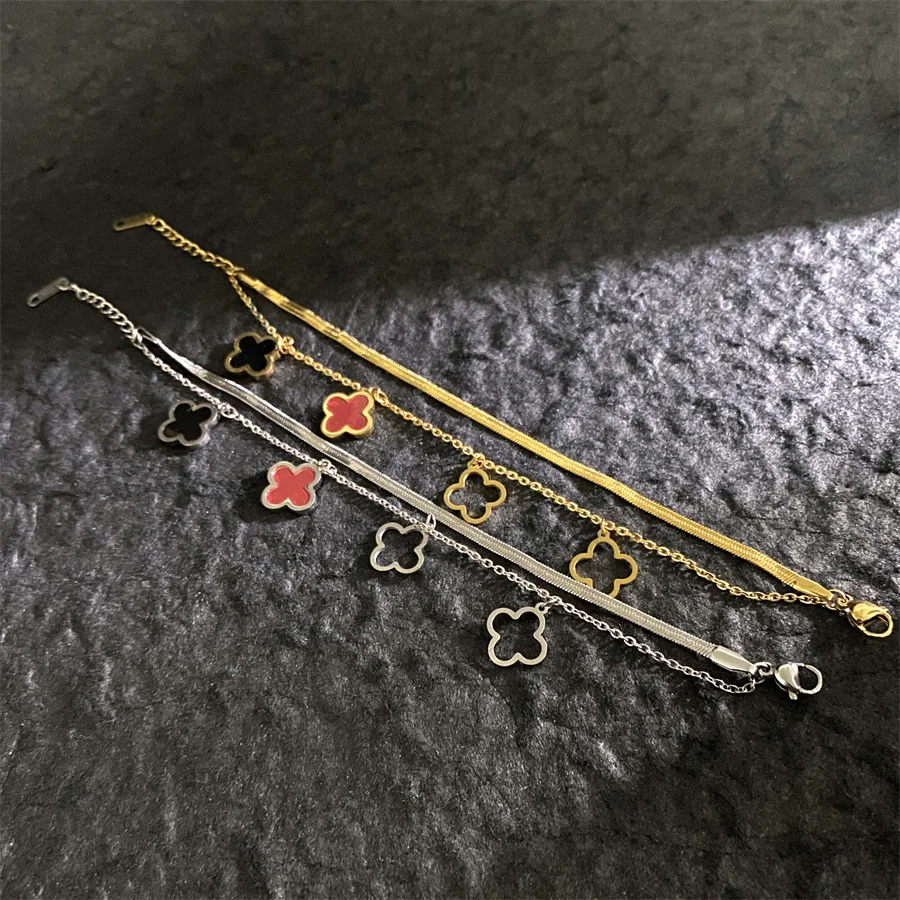 New hollow four-leaf clover bracelet titanium steel knife blade chain light luxury bracelet everything does not fade clover brac