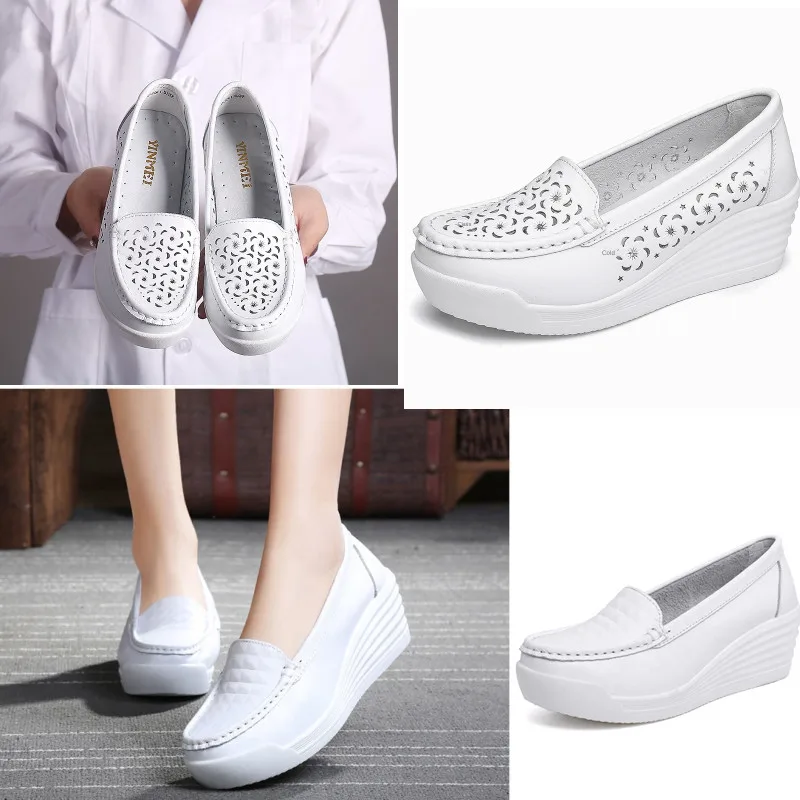 Genuine cow leather ladies casual shoes nurse shoe high heel shoes for women