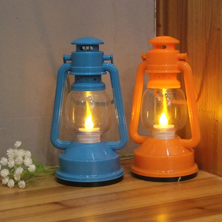 COLORFUL PLASTIC TINY HANGING OIL LANTERN, WITH LED TEA LIGHT INSIDE, BATTERY OPERATED