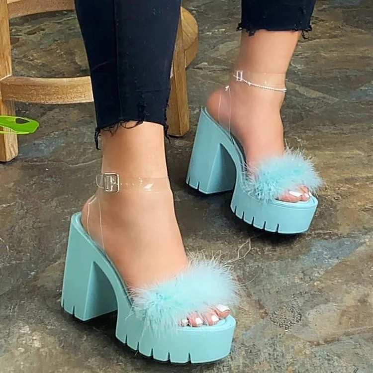 
2021 Ins Hot Faux Fur Platform Heels Chunky Heel Adjustable Clear Ankle Strap Lug Lightly Padded Insole Sandals 