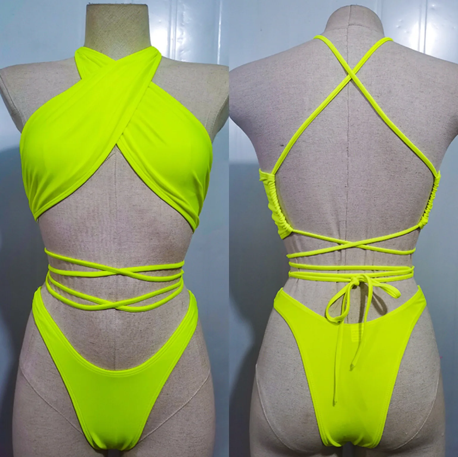 2022 Silver Fluorescent Green Orange Front String Tie Cross T Style Bikini Set Swimsuit Swimwear Two Piece Bathing Suit Halter