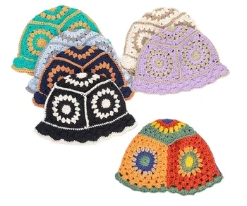 Fashion Fall Winter Wholesale Cotton Acrylic Custom Flowers Design Multi Color Hand Knit Crocheted Bucket Hat