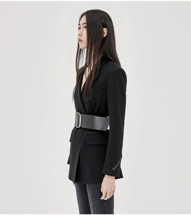 Autumn New retro lapel solid color black suit jacket, with wide leather belt, Ladies handsome wear