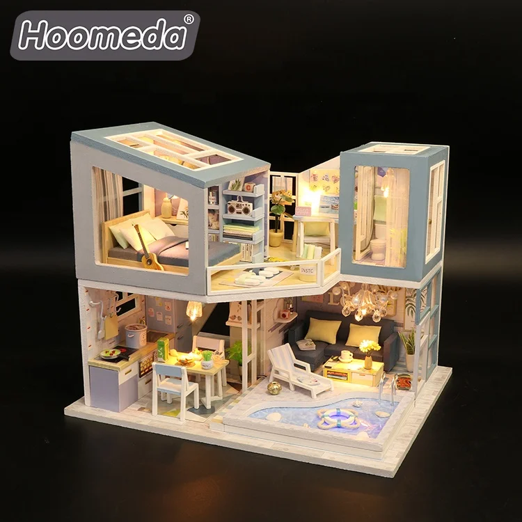 Wholesale DIY mini Wooden dollhouse miniature with light and furniture for holiday gift