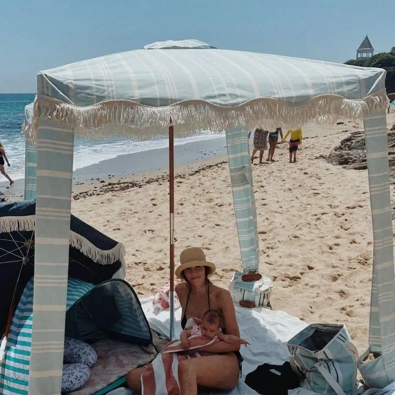 cabana folding umbrella for beach 4 legs logo prints boho wooden sun umbrella beach with tassel outdoor