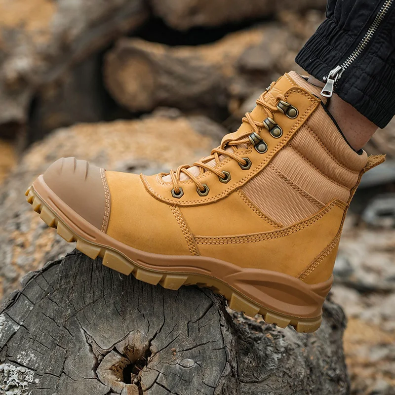 Hot Sale Brown crazy horse and Yellow nubuck leather With Zipper safety work boots, Anti-smash Anti-puncture Safety Martin Boots