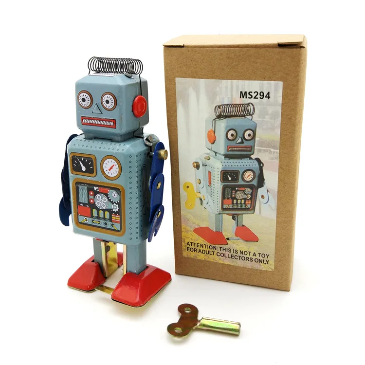 Vintage Mechanical Clockwork Wind Up Walking Robot Tin Toy Kids Gift Collection