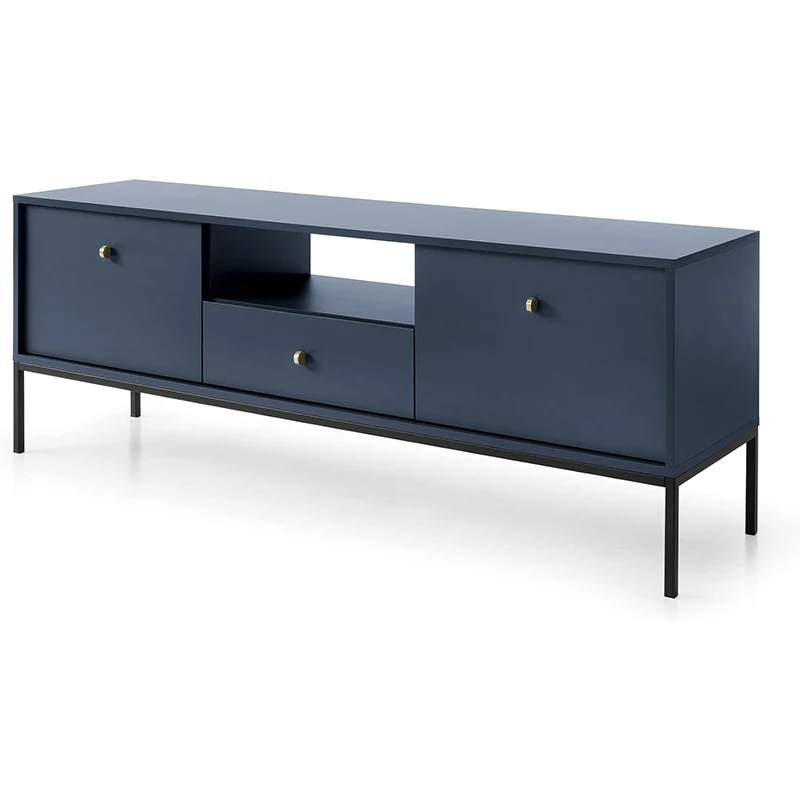 TV Stand with 2 Dropdown Cabinets and 2 Shelves Blue Finish Storage Cabinet with Shelf, TV Stand, Cabinet