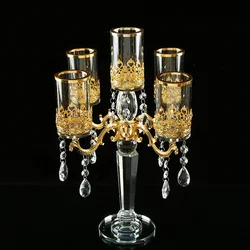 Wholesale High Quality Cheap 5 Arms Crystal Clear Glass Candelabra Candlestick Candle Holder For Table Wedding Centerpiece
