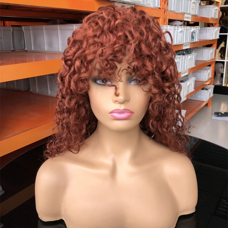 Red Brown Short Loose Curly Wigs With Bangs Indian virgin Cuticle Aligned Human Hair Wigs Loose Wave Transparent Lace Front Wig