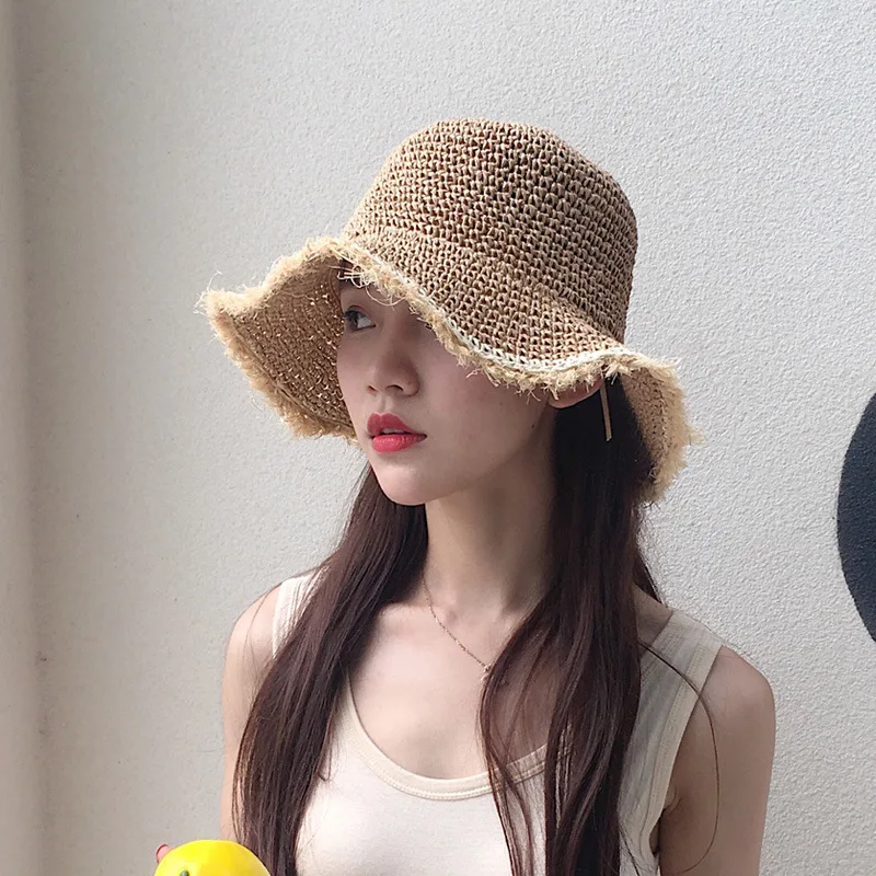 Wholesale Hot Selling Crochet Summer Beach Sun Straw Hats For Women With Rough Selvedge Paper rope handmade crochet cap