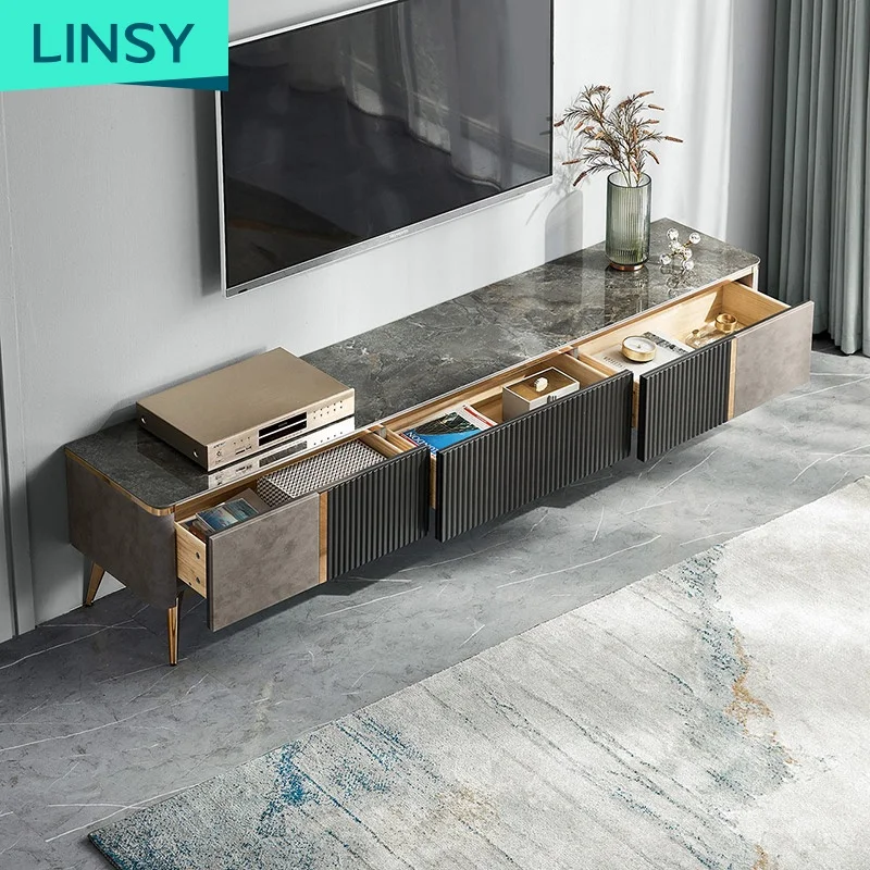 Linsy Living Room Luxury Nordic Marble Top Tv Stand Gold Metal Legs Furniture Set of Marble Coffee Table and Tv Stand LS361L1