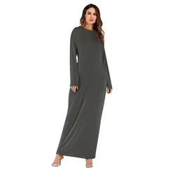 Mid East Hottest Solid Color Robes Plus Size Muslim Dresses Women Casual Abaya Crew Neck Shirts Islamic Maxi Dress With Pocket