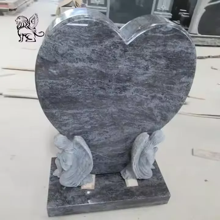 BLVE Modern Design Cemetery Hand Carving Angel Sculpture Natural Stone Tombstone Grey Marble Heart Shape Monument