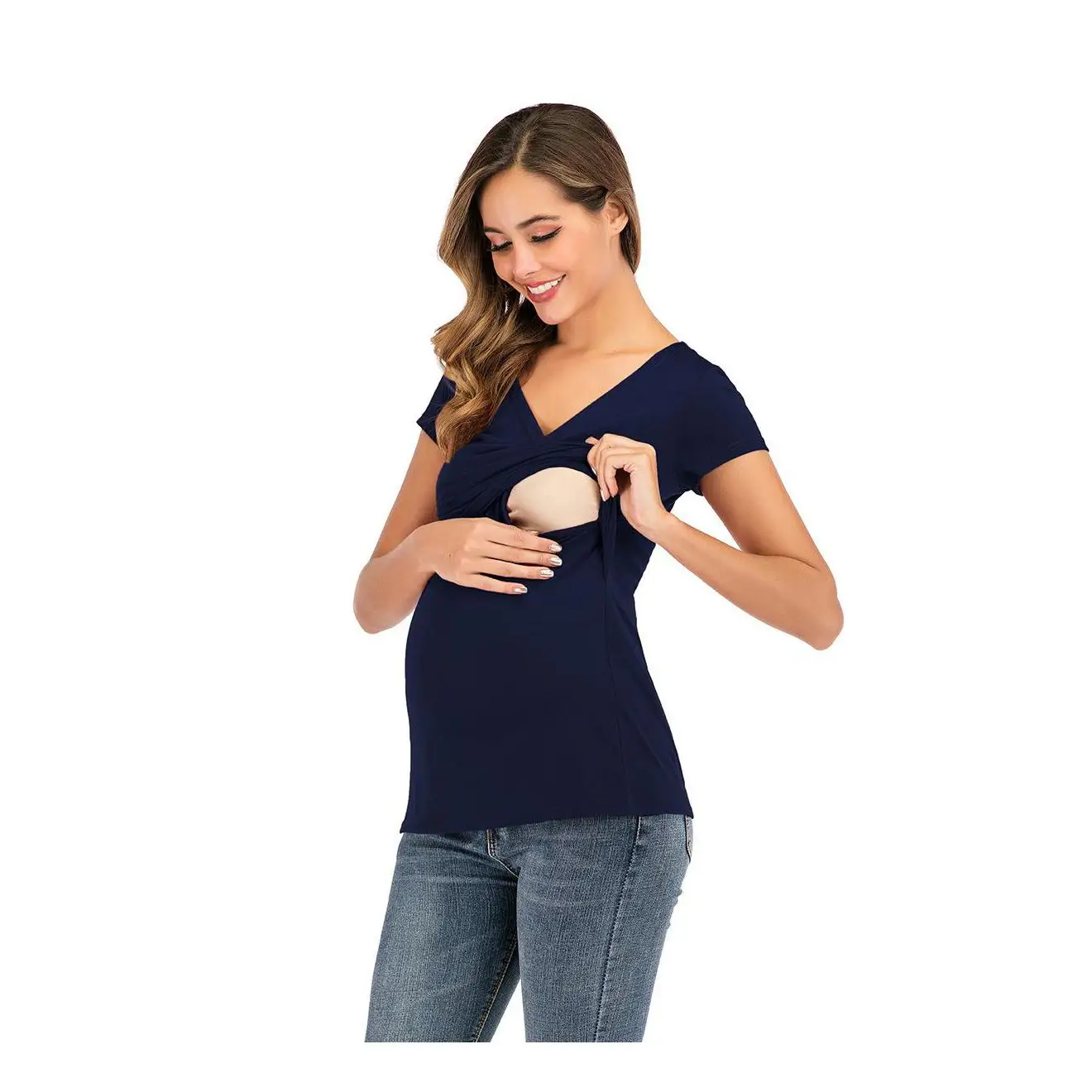 Одежда для беременных женщин Новинка на Amazon с коротким рукавом и глубоким V-образным вырезом однотонная одежда для кормления грудью и кормления грудью