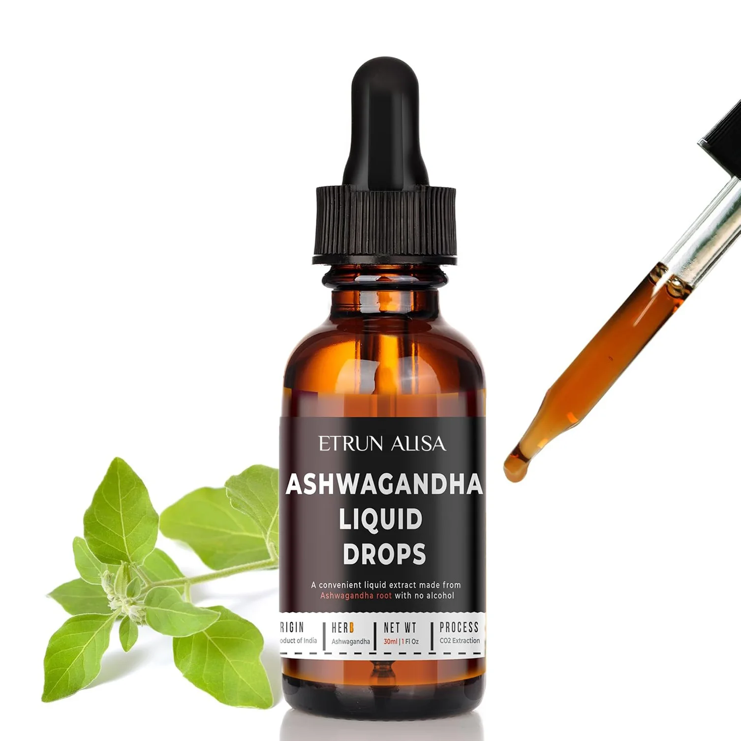 ETRUN Private label Organic Vegan Ashwagandha ksm 66 Liquid Extract Mood Support Supplement Alcohol-Free Daily Drops