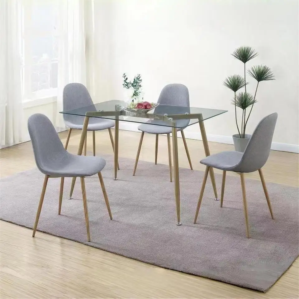 Модный дизайн, современная стеклянная мебель для столовой, 4 стула, деревянная ножка, круглый стеклянный обеденный стол