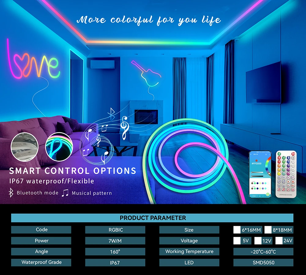 12V Smart Music Controlled 10ft 16.4ft Neon Flex Light Multi color RGB LED Strip Light for Wall Decor