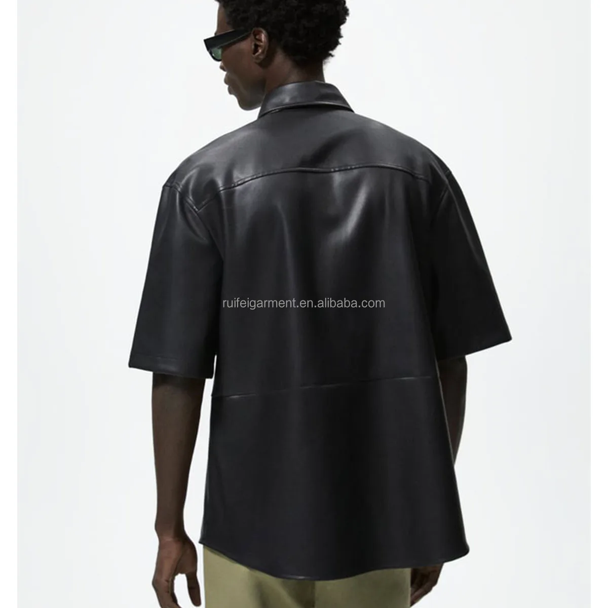 2137-R- mens leather shirts chest patch pocket leather t shirt yarn collared short sleeve leather shirt for men