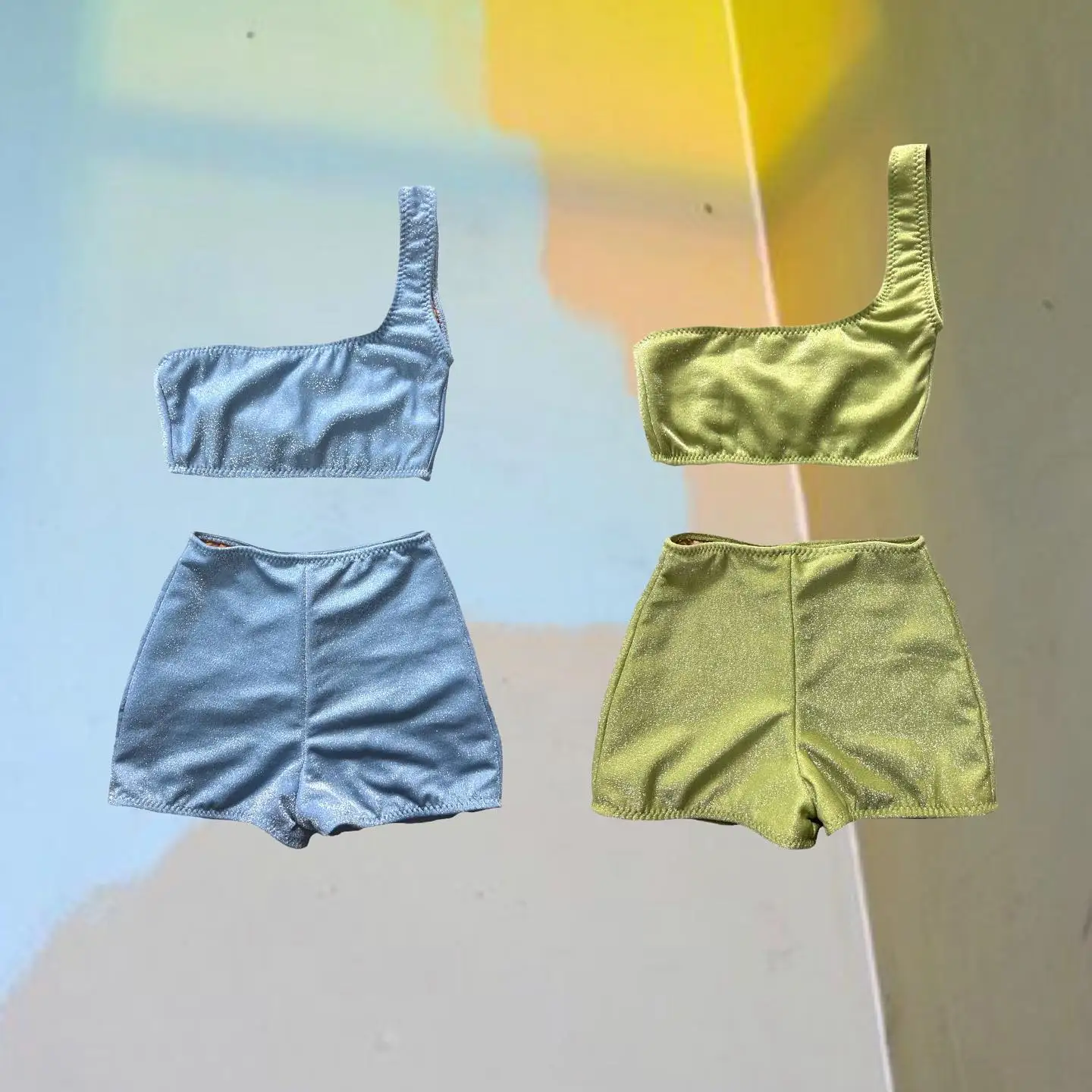 Custom Girls Two Piece Single Shoulder Bikini Fitness Swimwear shorts Women Glitter Lace Swimsuit For Beach Party