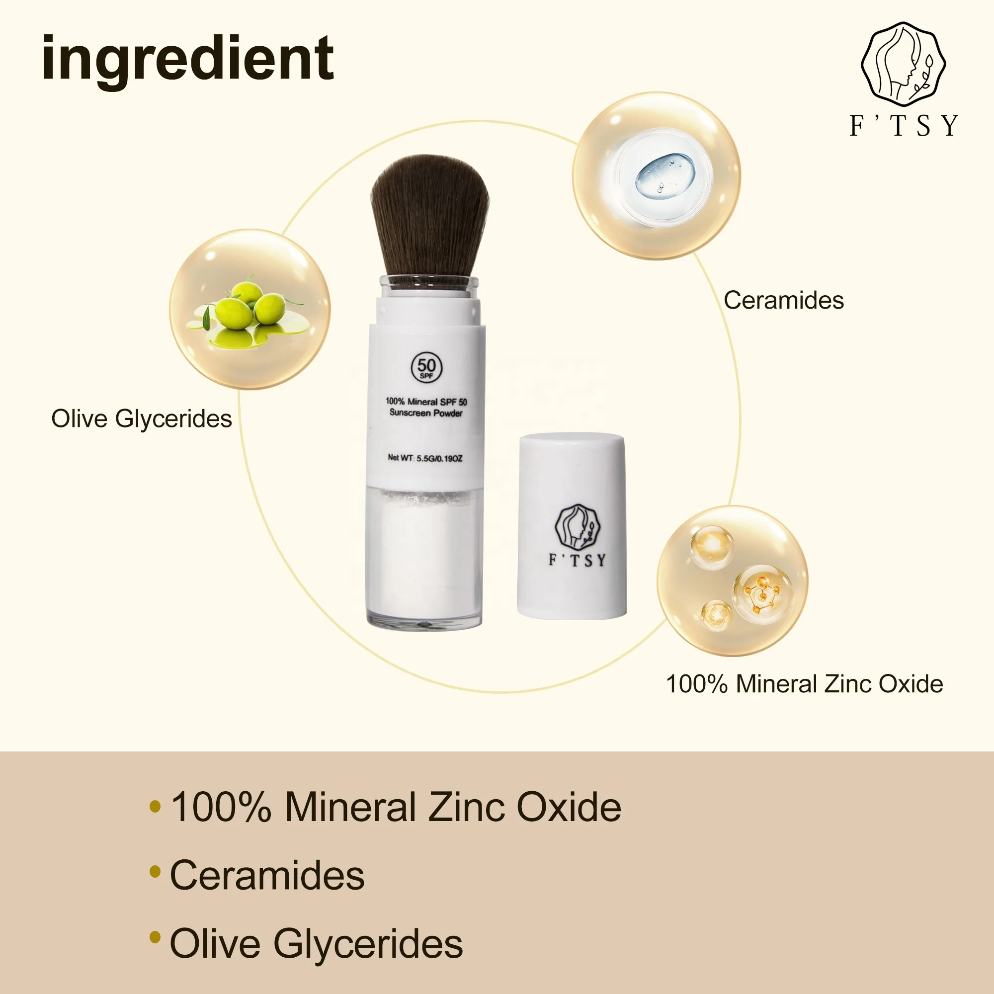 Private Label 100% Mineral Powder SPF 35 Vegan Broad Spectrum UVA UVB Protection Sunscreen Powder with Brush