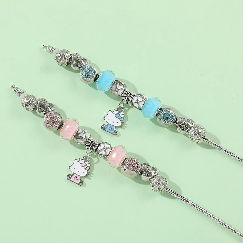 Wholesale 925 Silver Plated Snake Chain Fashion accessories Crystal Rhinestone Beads Charms Hello kitty Bracelets For Women