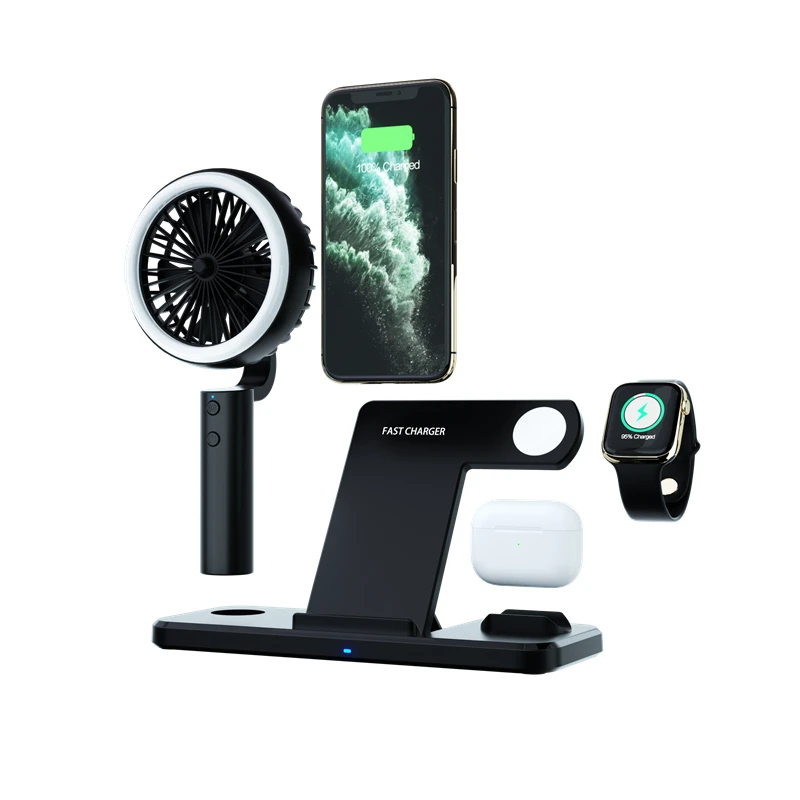 
2021 multi-function QI wireless charger station for mobile phone earphone smart watch with portable fan LED lamp 