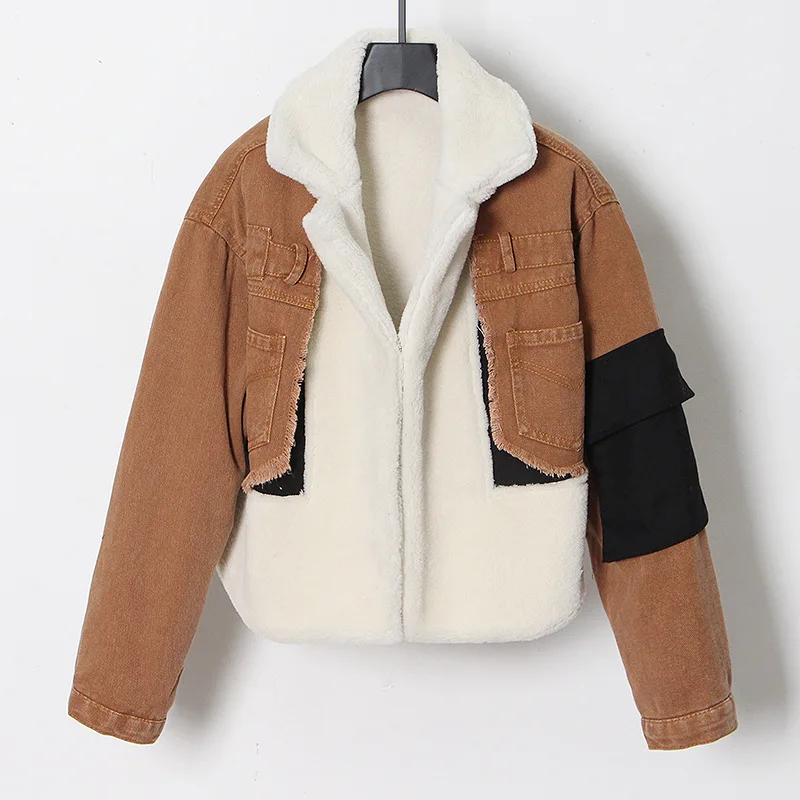 Winter Coat Lamb Hair Inner Deerskin Jean Patchwork Coat Oversized Denim Jacket For Woman Ladys
