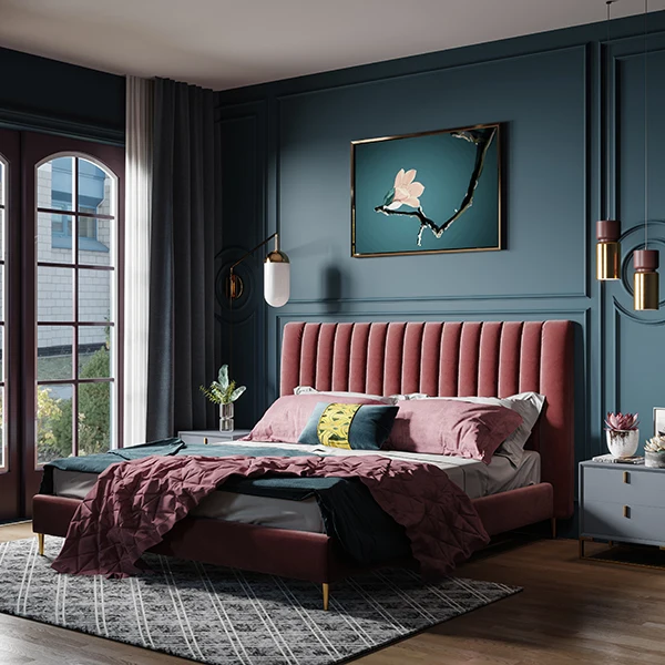 
Mornadi Velvet Bed Base with Headboard Slats Support Classic Style Bedroom Furniture Bed Set 