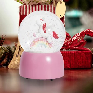 OEM custom resin dome cheap water globes pink pedestal music rainbow unicorn snow globes