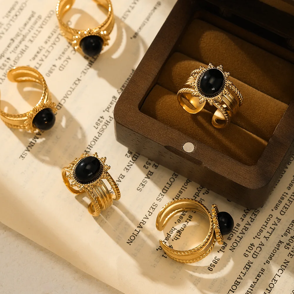 Винтажное Ретро ювелирное изделие из драгоценных камней регулируемое 18K позолоченное кольцо нержавеющей стали с гравировкой натурального камня для девочек