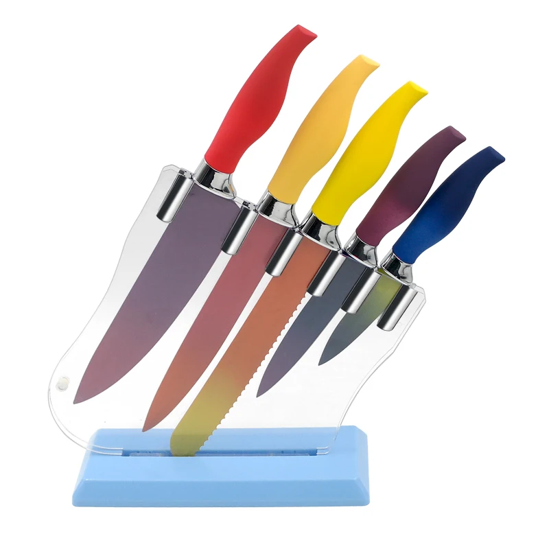 Набор кухонных ножей из нержавеющей стали с антипригарным покрытием и держателем, 5 шт.