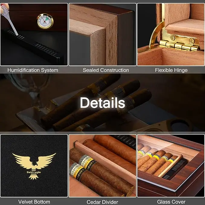 Handmade Cigar Humidor, Cedar Cigar Desktop Box with Humidifier and Hygrometer, Glass Top for 25 Cigars