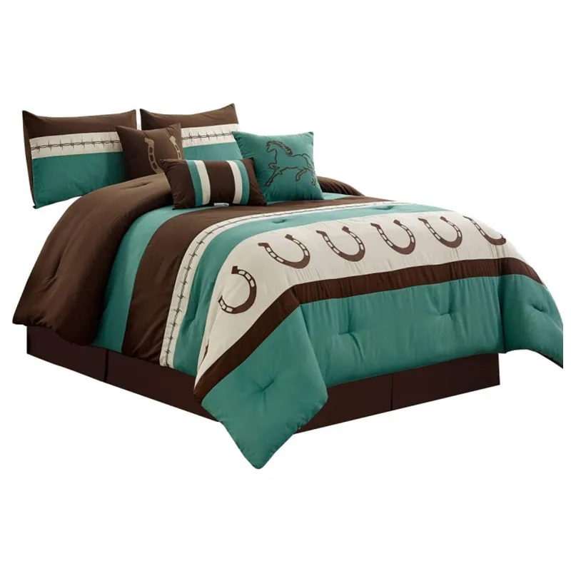 Teal Horseshoe  Horse Barb Wired Embroidered Bed Comforter set  Western Cowboy Bedding Set