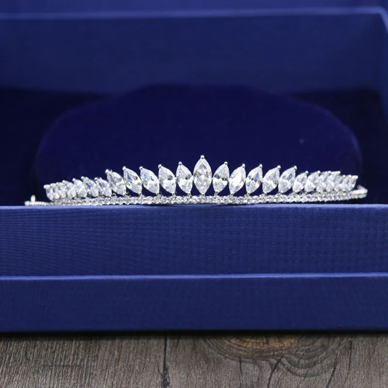 SLBRIDAL Crystals Rhinestones Copper Alloy Wedding Cubic Zircon Tiara Bridal CZ Queen Princess Pageant Party Crown Women Jewelry