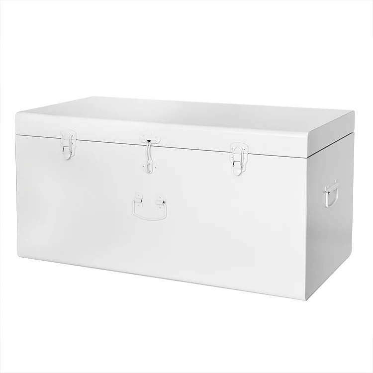 Custom large long trunk coffee table White set of 3 metal handles trunk box decor storage metal trunks