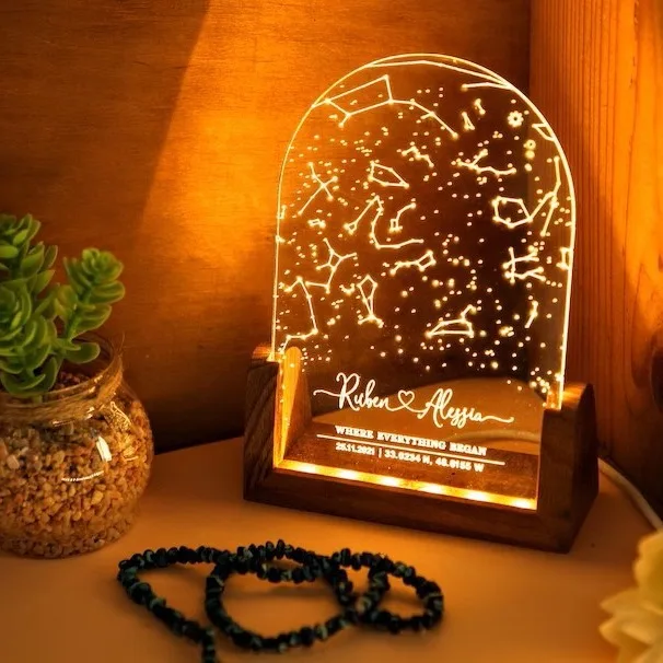 Hot sale LED Etsy 3d creatives acrylic note board rewrirable Gift Home decor night light starmap with Wooden Base usb power Lamp