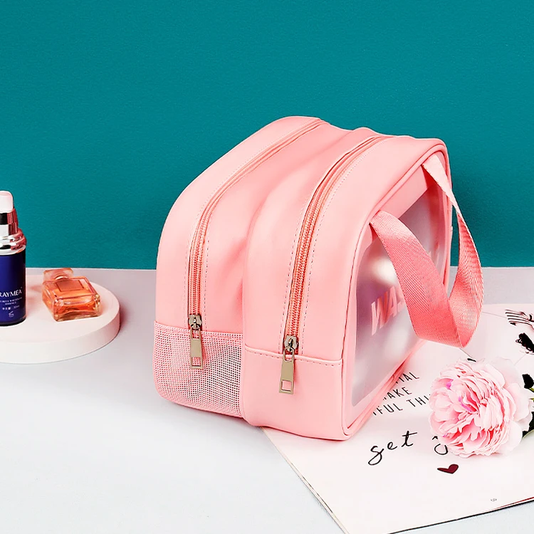 wholesale fashion dry wet separated double layer portable toiletry bag beach swimming tote transparent pvc travel cosmetic bag
