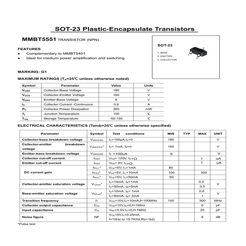 Триоды SMD высокого качества электронные компоненты контакты BEC полярность NPN IC 0.6A G1 mmbt5551 SOT23 транзистор