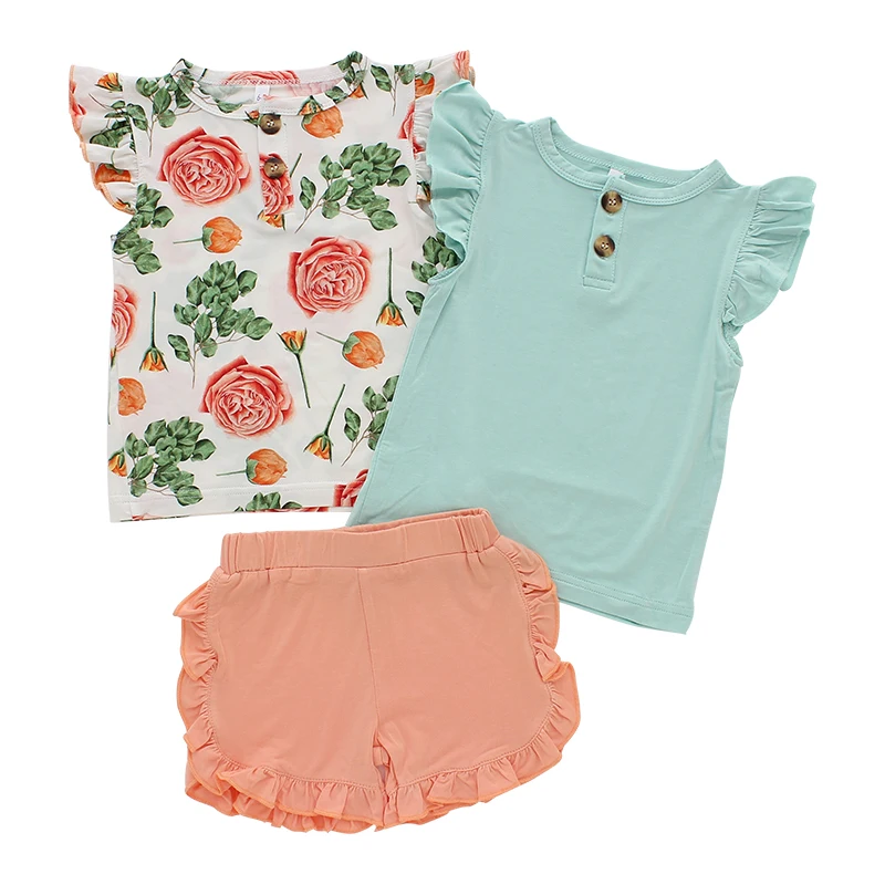 New Arrival Wholesale Newborn Infants Bamboo Spandex Cotton Summer Baby Girls Ruffled Pajamas Outgoing Clothing Set